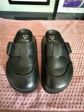 Naked Wolfe Black Leather-Look Slip-On Clogs with Buckle
